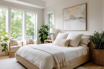 A bright bedroom with a large bed, white linens, plants, and a large window with natural light