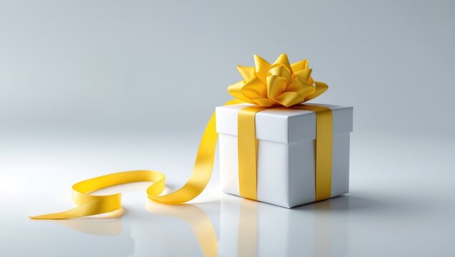 Isolated white present with yellow ribbon bow on background