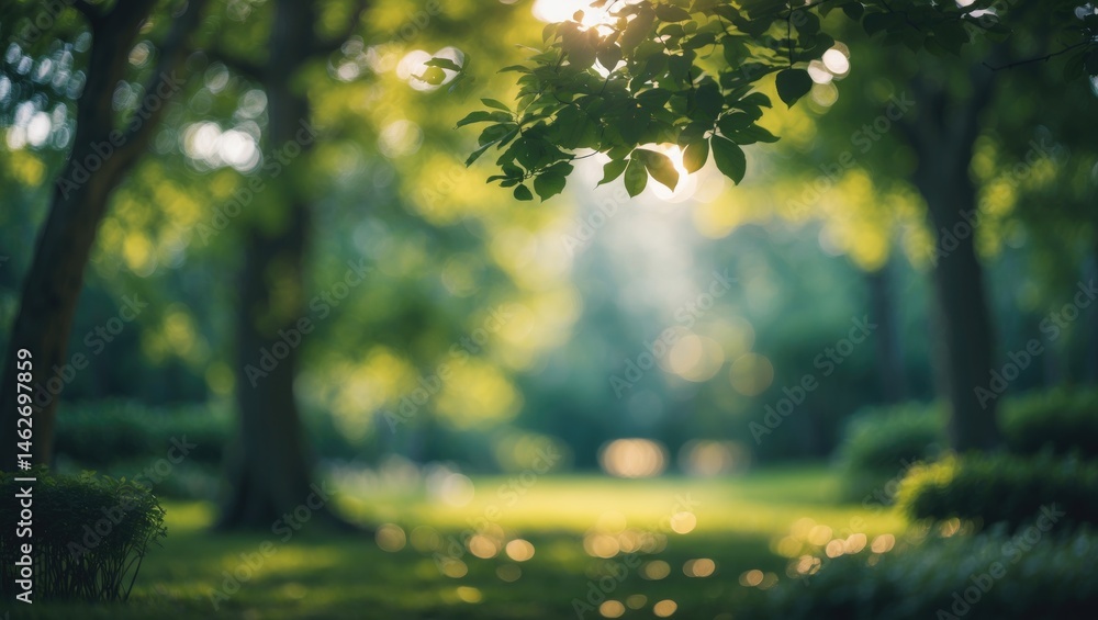 Aufkleber tranquil view of sunlit foliage in a scenic park, highlighting lush trees and serene nature with a s