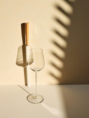 Wine glass next to wooden spoon on white surface