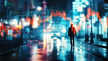 Silhouette of a man walking on a wet city street with stock market data overlayed - Powered by Adobe