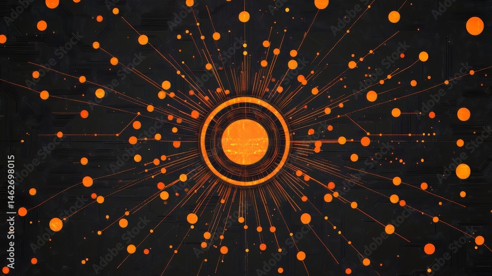 Fototapete Computer generated image of a glowing orange circle surrounded by many smaller orange circles. The image has a futuristic and technological feel to it