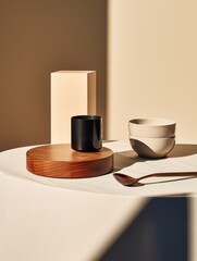 Wooden bowl and spoon on tabletop