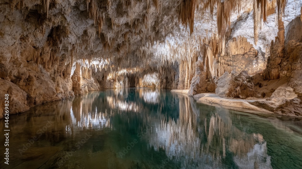 Poster jagged stalactites hang from the ceiling of a limestone cave, while tranquil pools reflect the soft 