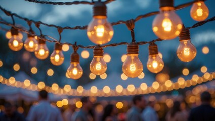 Outdoor celebration with decorative lightbulb string at sunset