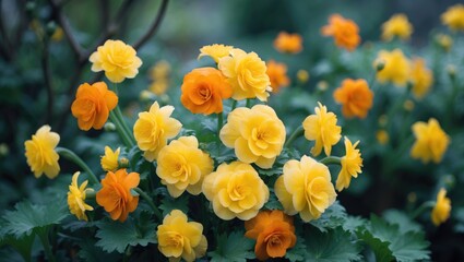 Beautiful garden scene featuring blooming yellow and orange begonias for wallpaper and background. Macro view of large, vibrant flowers.