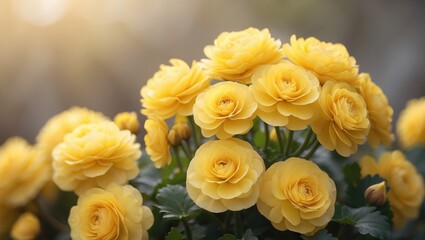 Bright yellow blooms of begonia flowers captured in close-up with a vibrant floral backdrop