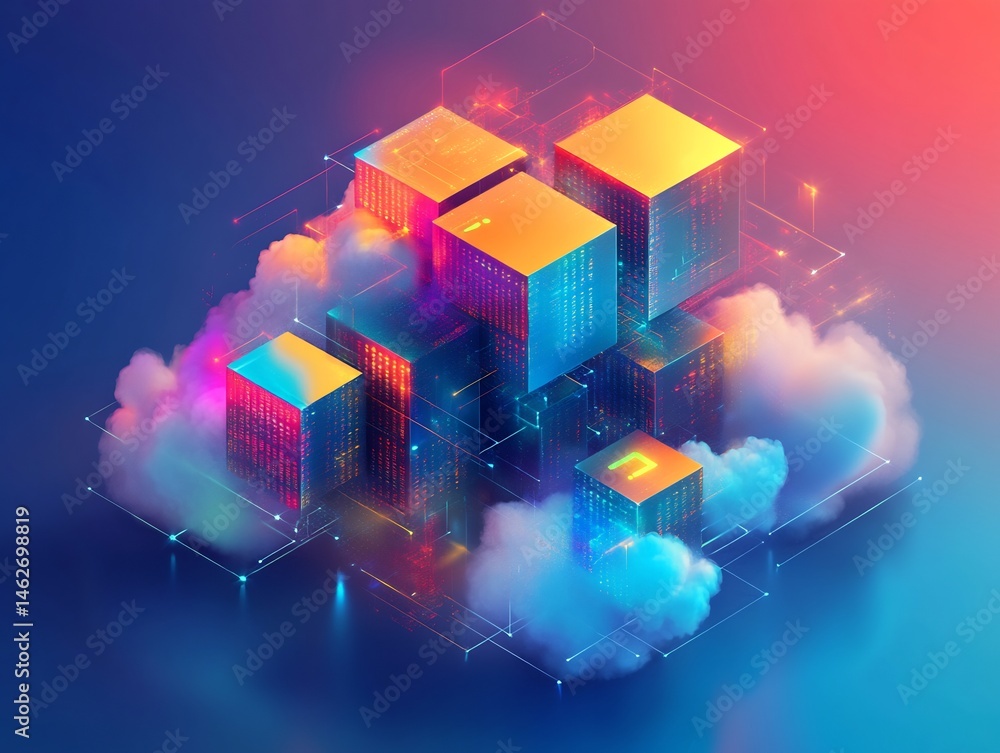 Poster surreal digital infrastructure: abstract cloud computing network visualization