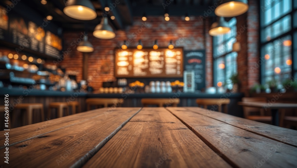 Poster old red brick walls in a modern vintage cafe setting with a wooden surface and blurred background fo