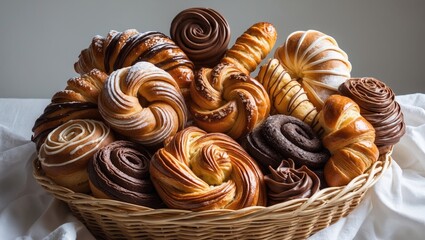 Bakery goods laid out on a background surface