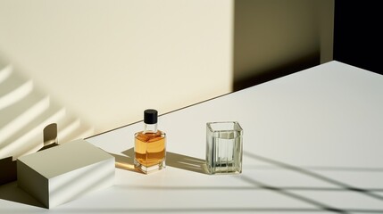 Sunlit table with two glasses and bottles of liquid, all set against soft shadows