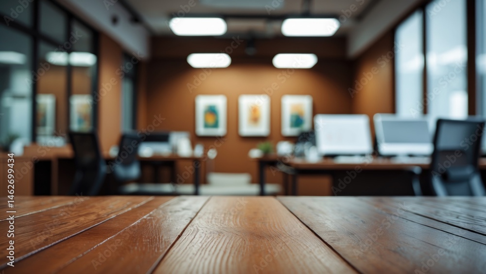 Aufkleber Luxurious wooden workspace with open surface and blurred background
