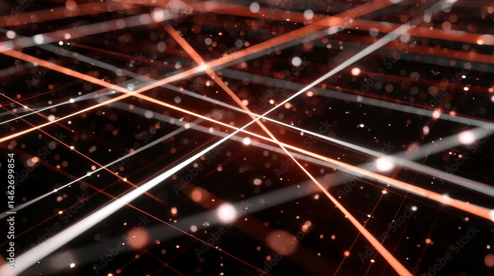 Fototapete Colorful digital lines form a dynamic web of intersecting patterns against a dark background, highlighted by glowing points that add depth and energy to the composition