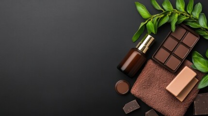 Brown cosmetic products and chocolate on dark background with green leaves