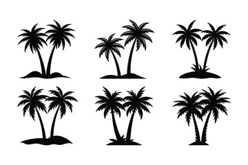 Collection of Six Silhouettes of Palm Trees Tropical Island Paradise Vector Graphics