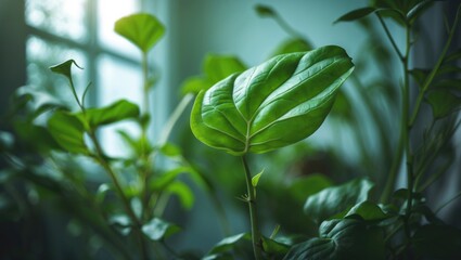 Obraz premium Detailed view of healthy green foliage with prominent veining and aromatic herbs, emphasizing natural growth