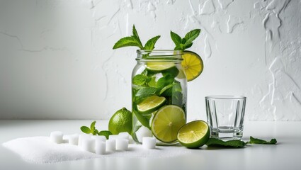 White background displaying a measure cup, glass, and ingredients for a cocktail