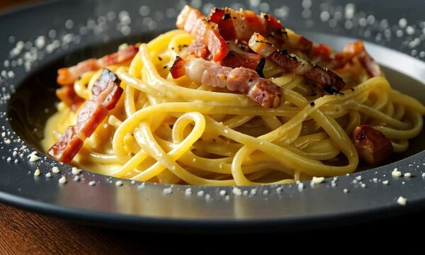 Close-up of carbonara pasta with pancetta and cheese on dark plate