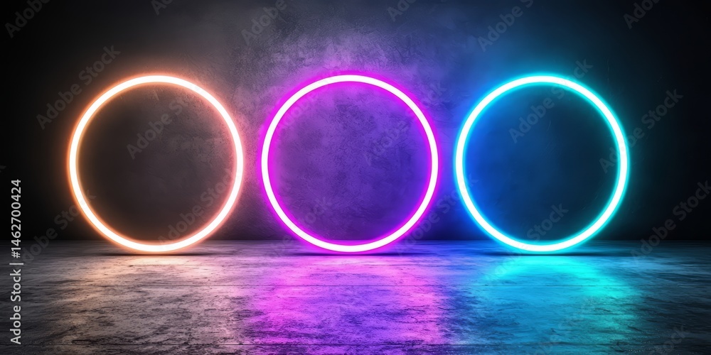 Poster Three neon colored circles are lit up in a dark room. The circles are of different colors, with one being purple, one being orange, and one being blue. The room is dimly lit