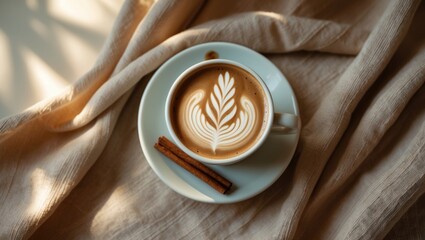 Square image of a coffee or chai tea with latte art during leisure time