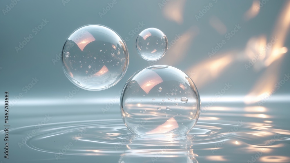 Poster beautiful macro shot of big bubbles with flare, showcasing clear liquid, dew, and foam on a surface 