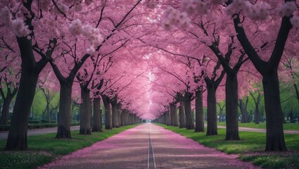 Vertical shot of a park with a pink blossom alley and a walking route under the blooming treesâ€™ tunnel during flower season, a romantic promenade.