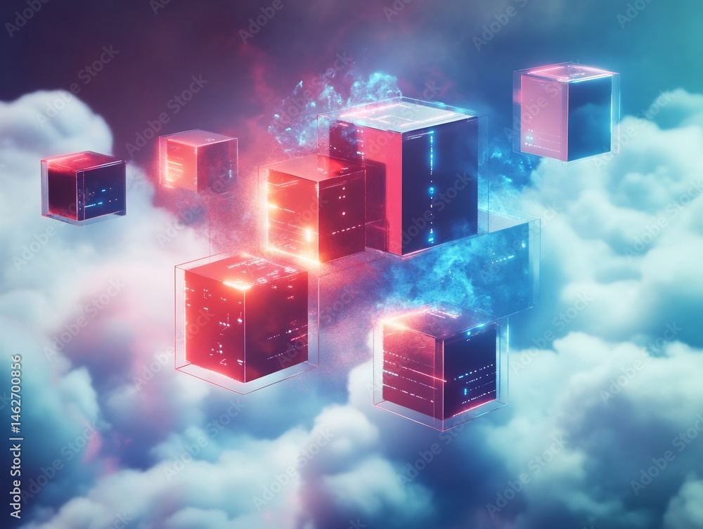 Poster abstract digital cubes hovering over cloudscape, representing data and information