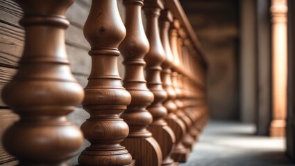 Detailed view of wooden Corinthian and Ionic columns with carved features and polished surfaces in exterior structures