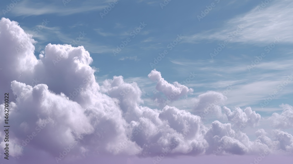 Poster a peaceful sky shows fluffy white clouds floating gently above a soft lavender horizon, creating a c