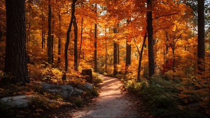 Forest path bathed in vibrant autumn foliage