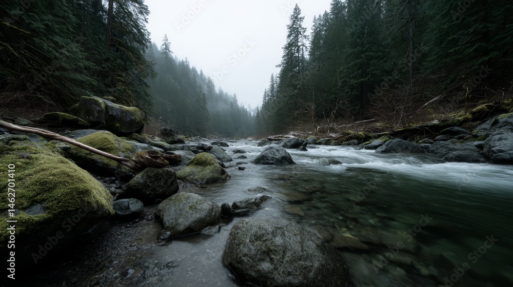 Poster a serene stream tumbles over mossy rocks, while weathered branches lie in the foreground and a misty