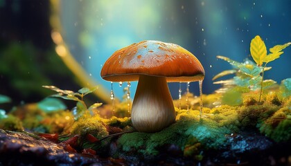 Steinpilze mit Tautropfen am fr&uuml;hen Morgen