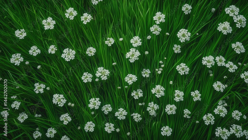 Poster natural bright green grass with white blossoms creating an abstract textured background