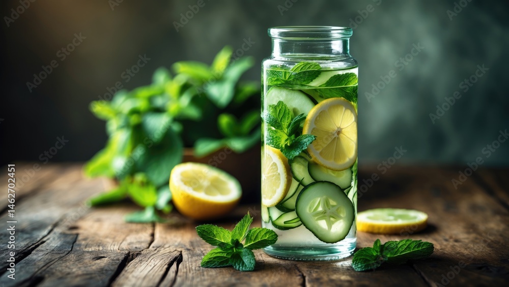 Poster refreshing lemon and cucumber detox beverage with mint for vitality and cleansing