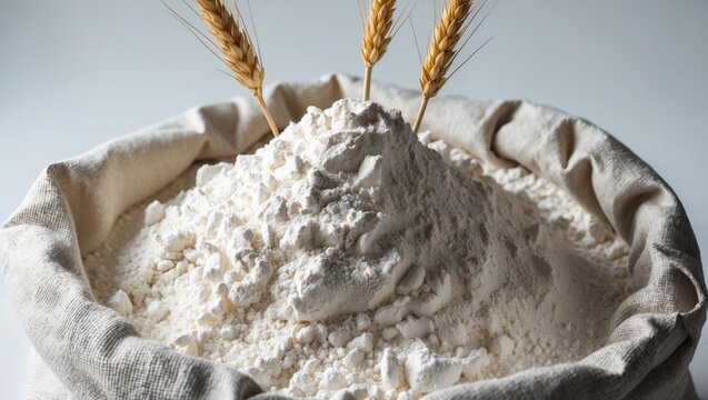 Sack containing wholemeal flour with wheat spike on a white background