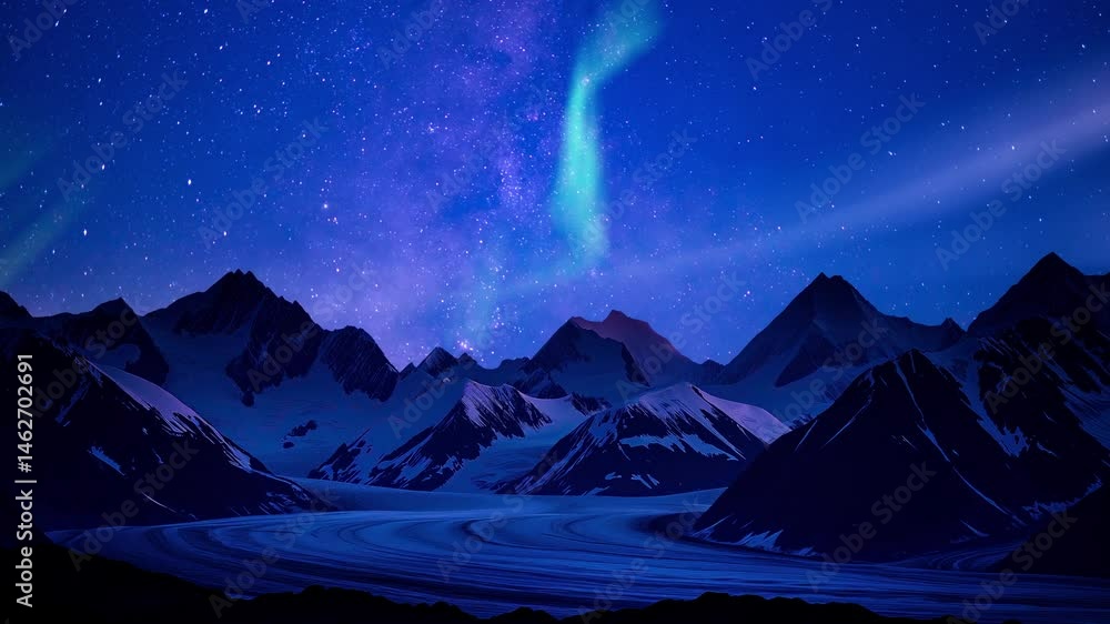 Wall mural alaska aurora and milky way galaxy magic above glaciers and mountains time lapse tilt up generative 