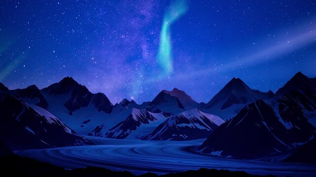 Alaska Aurora and Milky Way Galaxy Magic Above Glaciers and Mountains Time Lapse Tilt Up Generative AI