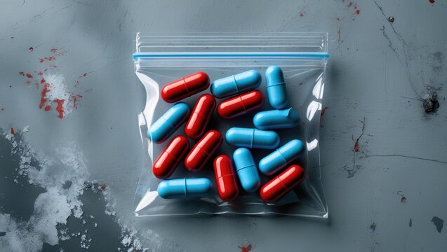 Blue and red capsules, seven in total, contained within a clear ziplock pouch on a table.