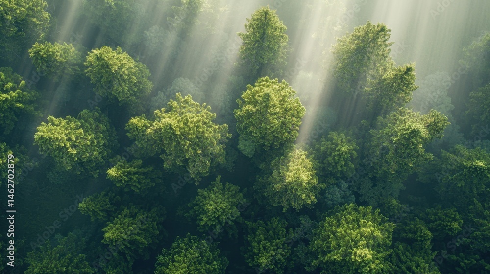 Poster sunlight streams through the treetops, creating a tranquil atmosphere in a dense forest. the vibrant