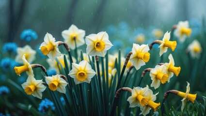 Springtime daffodil flowers in full bloom with yellow petals and lush greenery, perfect for wallpaper