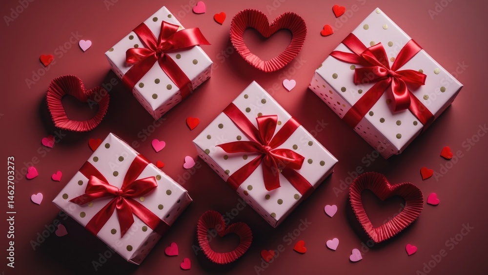 Aufkleber cute heart-shaped present with abstract design on celebration background. top view. flat lay.