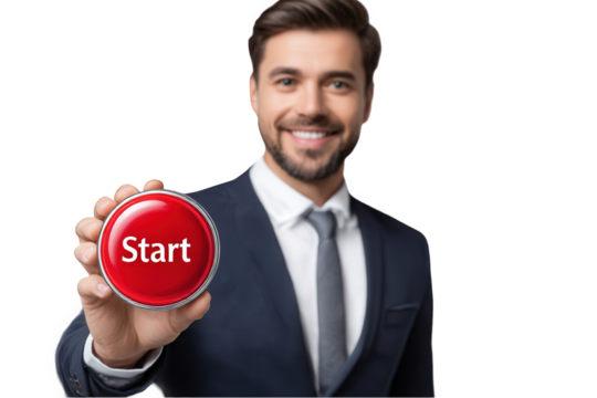Smiling businessman in suit holding a red start button new beginning concept modern business success image professional on transparent background goal