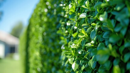 Lush green hedge, sunny day, backyard, house blurred background, landscaping