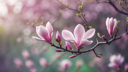 Flourishing pink magnolia tree branch, a symbol of spring and delicate blossoms in full bloom