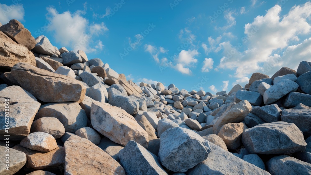 Poster stack of broken stones and rocks with textured surface under the sky