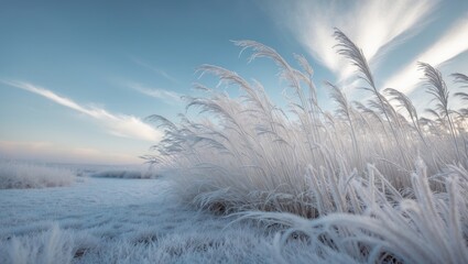 Winter frost coats tall grasses swaying peacefully beneath a blue sky.