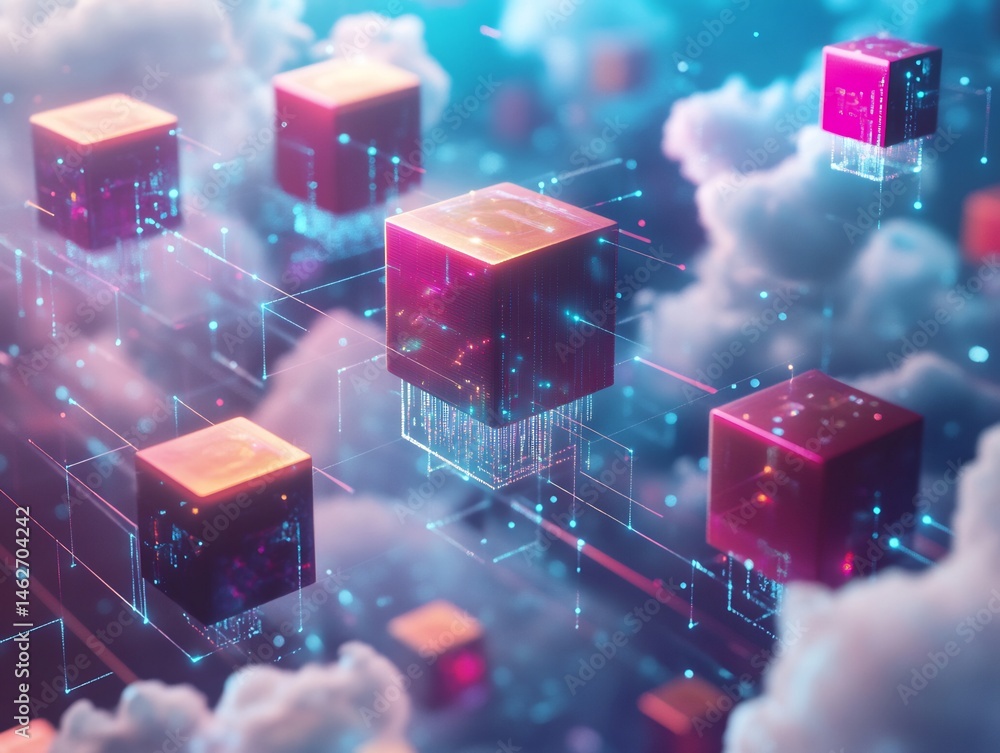 Poster abstract data visualization: floating digital cubes connected within a cloud network