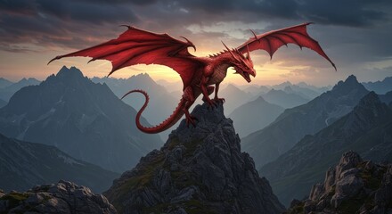 Majestic Red Dragon on Mountain Peak - A majestic red dragon perched atop a rocky peak, overlooking a dramatic mountain range at sunset. Symbolizing power, freedom, fantasy, mystery