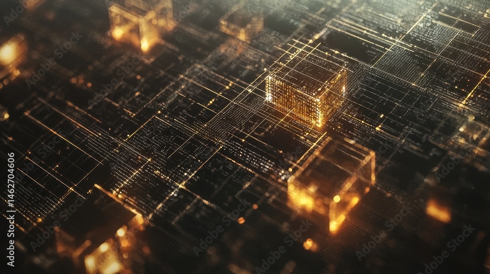 Poster glowing cubes are interconnected through intricate lines in a digital network. this visual represent
