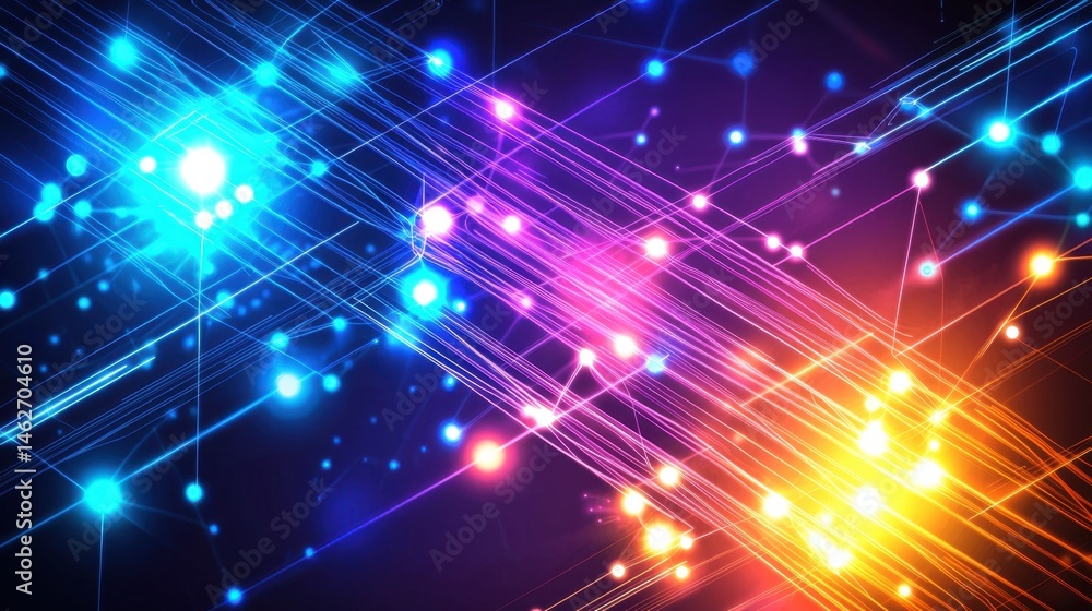 Poster bright and vivid colors illuminate the background, where vibrant light patterns intersect and create